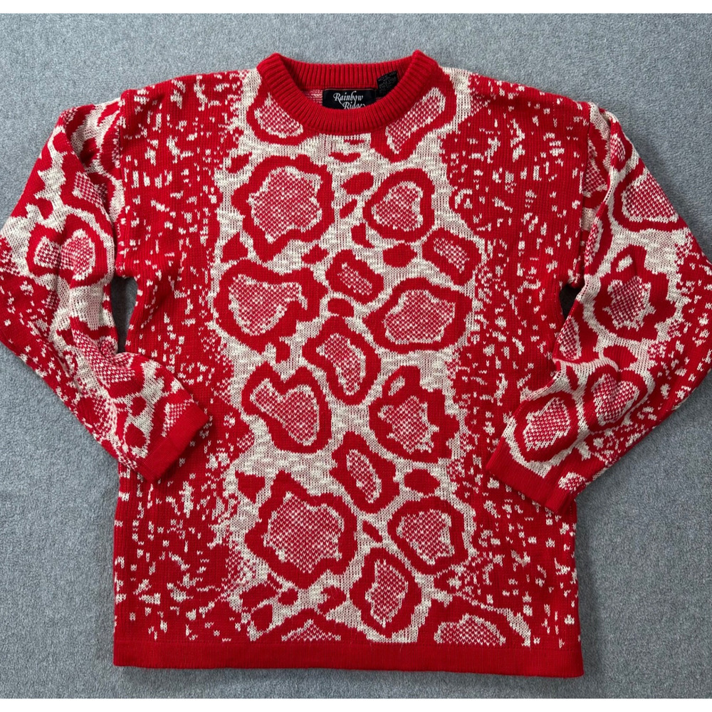 Vintage Rainbow Ridge Animal Print Sweater Women's Small Red Knit Crew Neck